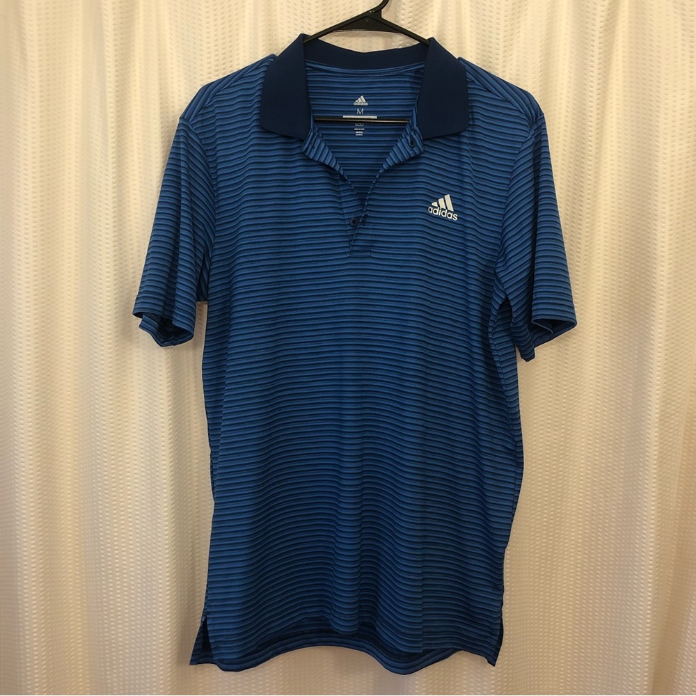 Adidas DriFit Polo Navy and Blue Striped Golf Shirt Medium